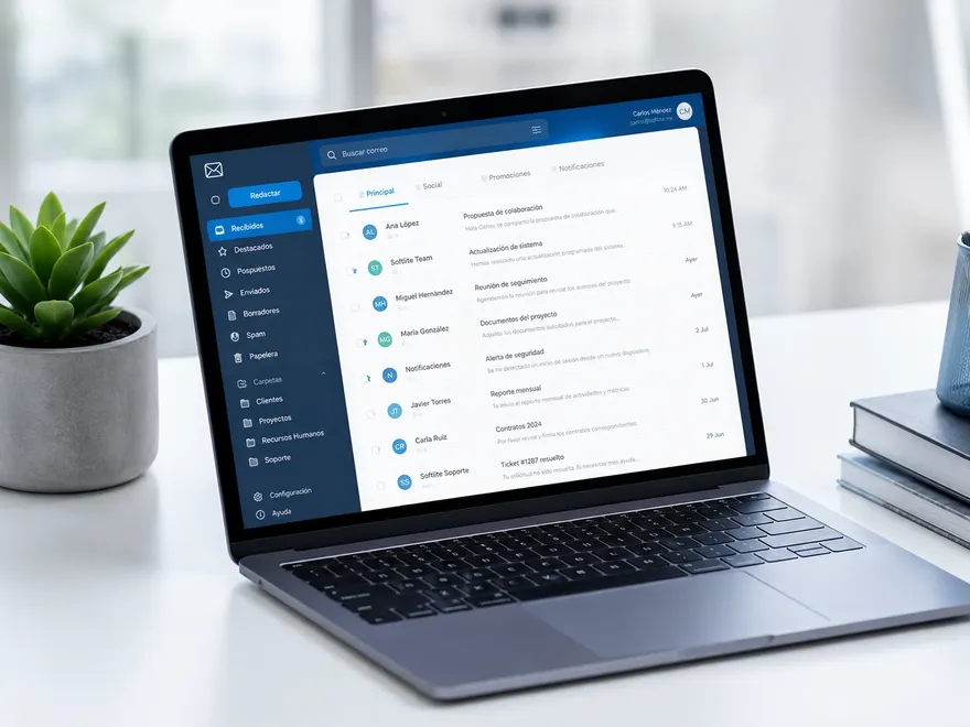 Interfaz de correo corporativo empresarial en una laptop.