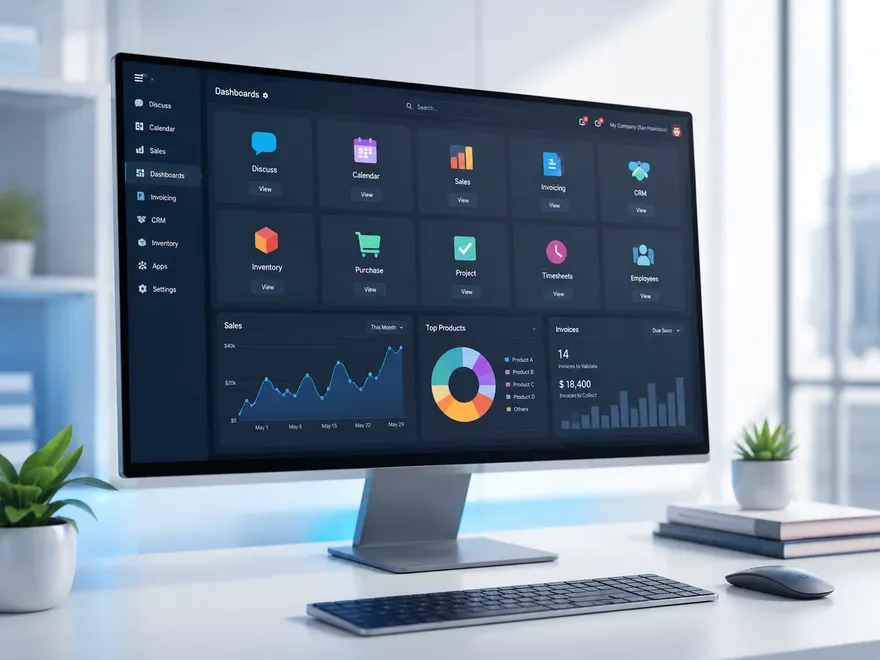 Panel empresarial de Odoo con módulos de gestión, ventas, inventario y reportes.