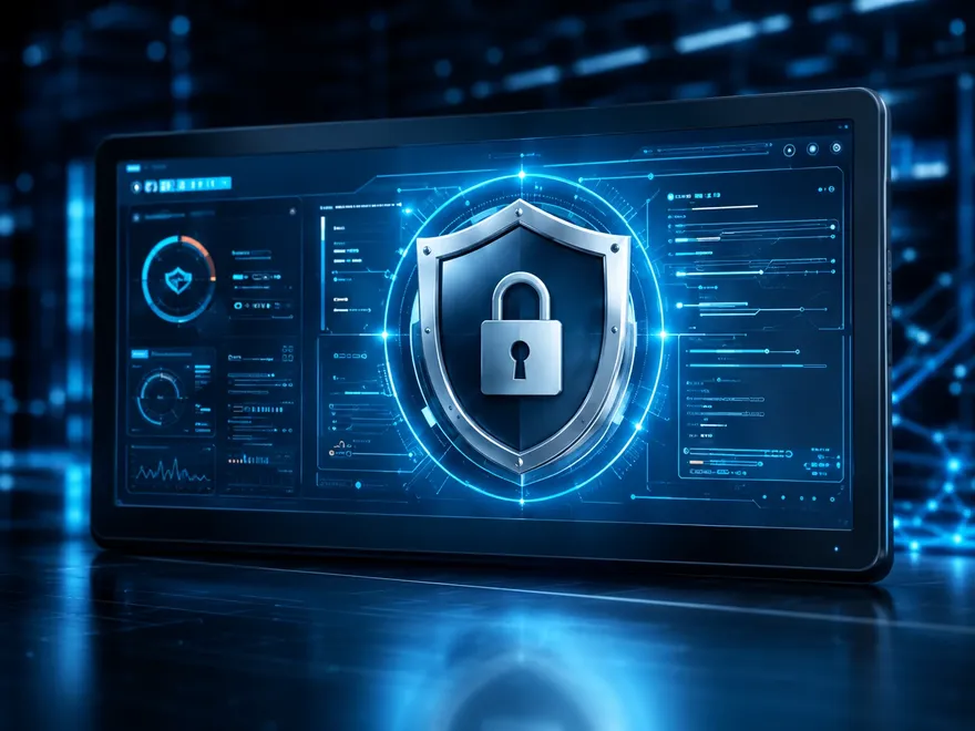 Interfaz de ciberseguridad con escudo y candado.